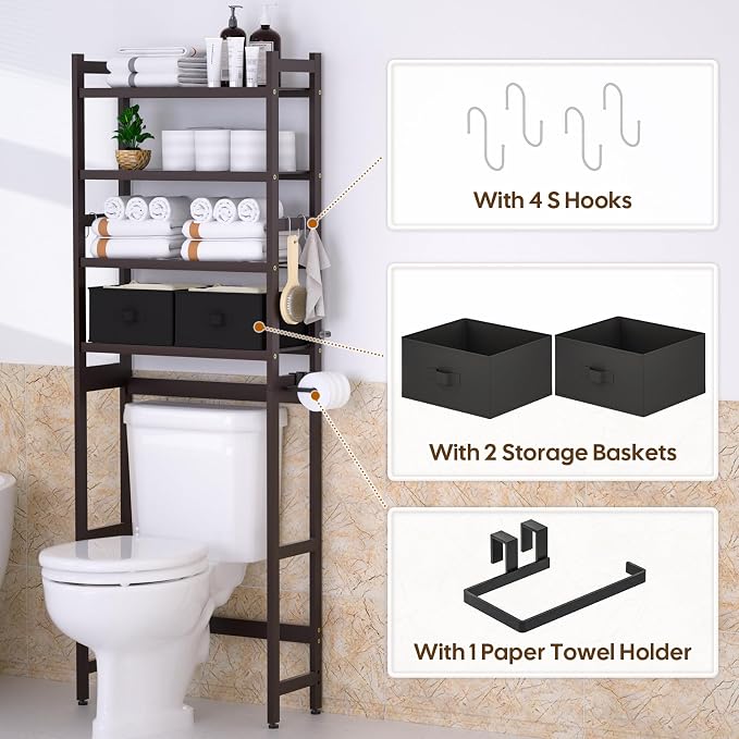 Cozivolife Over The Toilet Bamboo Storage Rack: 4-Tier & 2 Baskets (Brown) | Organizer with Paper Holder & 4 Hooks & Waterproof Feet Pad - Adjustable Freestanding Shelf for Bathroom