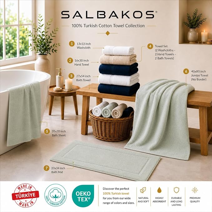 SALBAKOS 100% Turkish Cotton Bathroom Towel Set of 6-Piece, Gray | 630 Gsm Thick Super Soft Highly Absorbent 2 Bath + 2 Hand + 2 Washcloth Towels Sets, Giftable, Hotel Quality, Made in Turkey