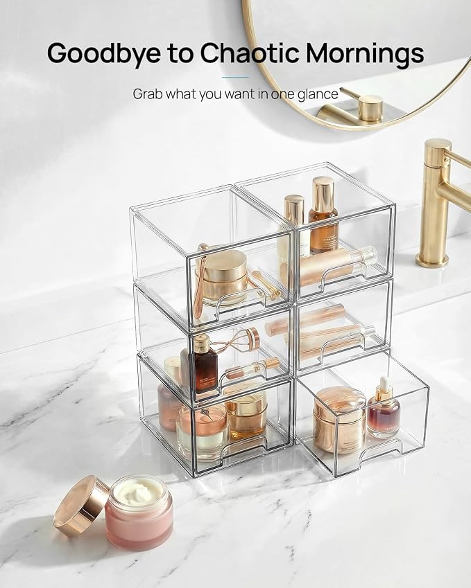 Vtopmart 4 Pack Small Clear Stackable Storage Drawers for Desk, Countertop | Bathroom Makeup Accessories Organizer, Plastic Bins For Desk, Vanity, Undersink, Medicine Cabinet ,Home Organization