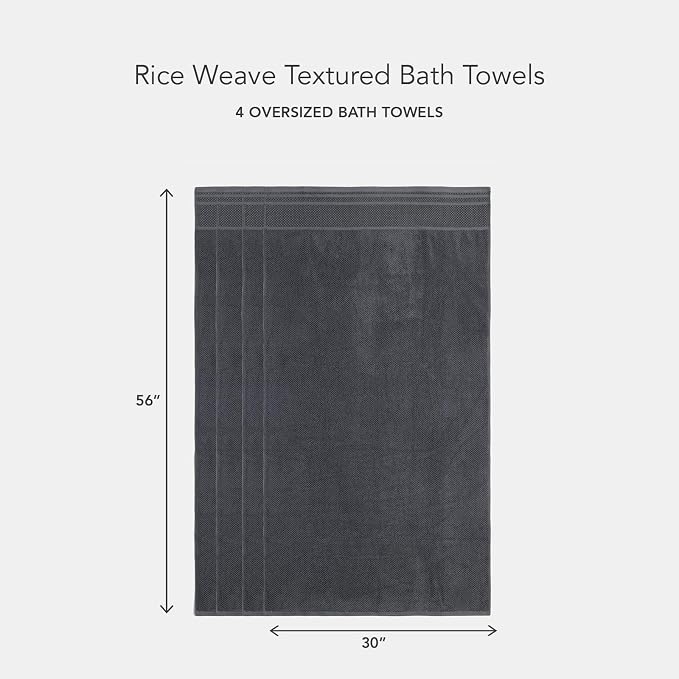 Texere 100% Organic Cotton Rice Weave Jacquard 700 GSM Luxury Bath Towel Sets - Ultra Soft and Absorbent Hotel and Spa Quality (Rice Weave, Charcoal, 4 Bath Towels)