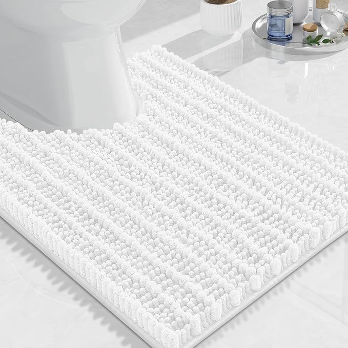Arotive Toilet Rugs U-Shaped 24x20, Soft Absorbent Chenille Shaggy Bath Mat | White, Machine Wash Dry, Bath Rugs for Bathroom Floor, Tub and Shower, Home Decor Accessories