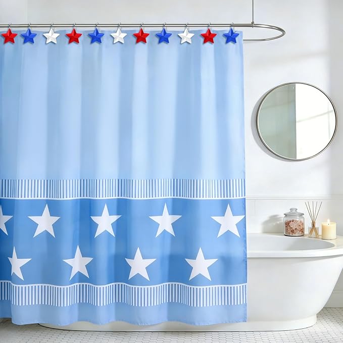 12 Pack Star Shower Curtain Hooks Patriotic Red White Blue Hangers | Resin and Rustproof Stainless Steel, Glide Smoothly Without Scratching Rods, Glitter Star Patriotic Festive Decor