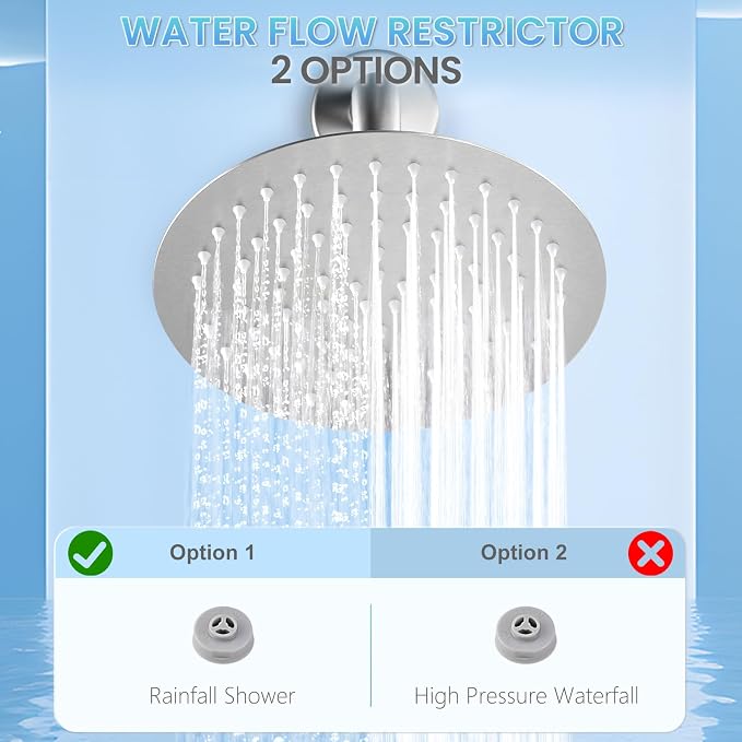 Brushed Nickel Round Rainfall Shower Head, All Metal Stainless Steel Rain Shower Heads with 90 Anti-Clog Silicone Nozzles, Wall or Ceiling Mount, 8 inch