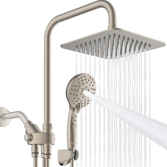 Dual Shower Head Combo, 8'' High Pressure Rain Shower Head with Handheld Spray, 6+1 Spray Settings Handheld Showerhead, Height Adjustable, One-touch Pause Button, Brushed Nickel