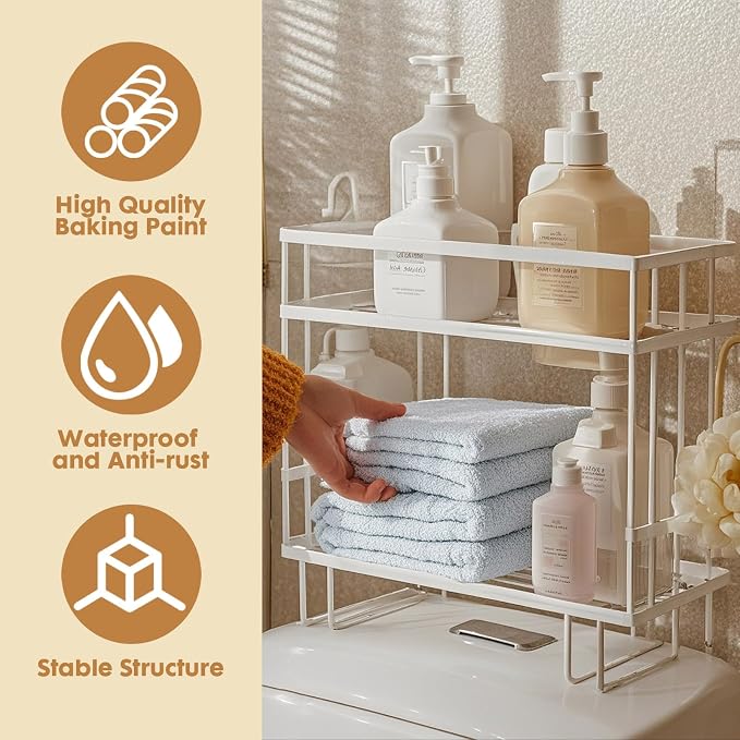 ShellKingdom Over The Toilet Storage Shelf, 2 Tier Toilet Paper Holder Rack | Punch-Free Bathroom Storage Rack with 2 Hooks, Small Space Organizers for Bathroom, Home, White