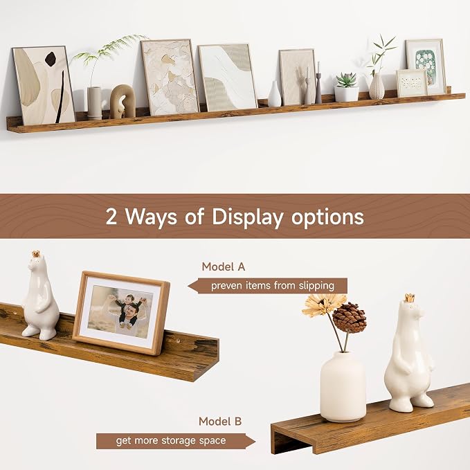 Floating Picture Ledge Shelves for Wall Set of 2, 72 Inches Picture Ledge Shelf with Long Large Nursery Book Shelf for Storage, Bookshelf Wall Mounted Living Room Decor Frames, Rustic Brown