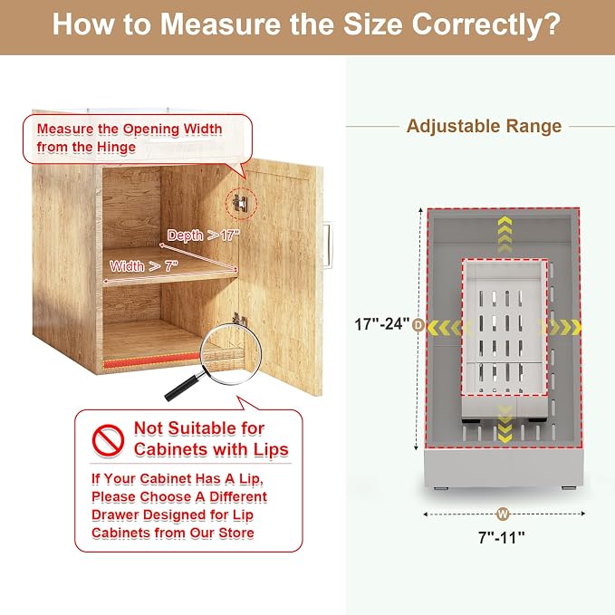 Fokyfok Pull out Cabinet Organizer,7"-11"W, 17"-24"D,Expandable,Adhesive | No Drill,Adjustable Slide out Drawers for Kitchen,Pantry,Roll out Shelves,for Cabinets Without Lip,Bathroom,White,1PC