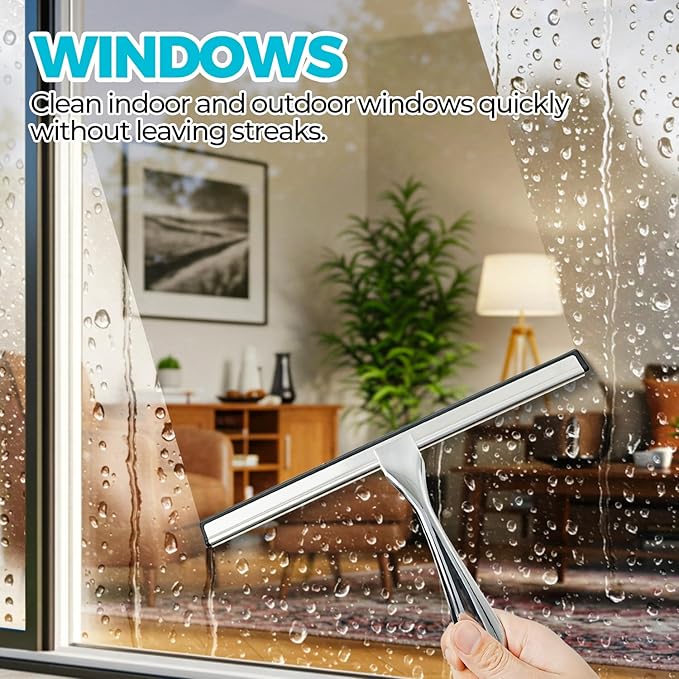 2pcs Shower Squeegee for Glass Doors with Adhesive Hanging Hook Set | 10” silver, bathroom accessories, window cleaner, new home essentials, soft rubber blade, metal handle, ergonomic grip