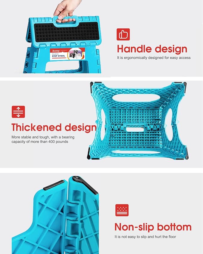 Folding Step Stool 9 Inch, Non-Slip Surface Stool for Kids, Dot Blue | Heavy Duty Foldable Stools, Lightweight, Holds 300 lb, for Toddler Kitchen Bathroom Bedroom Outdoor, Collapsible with Handle