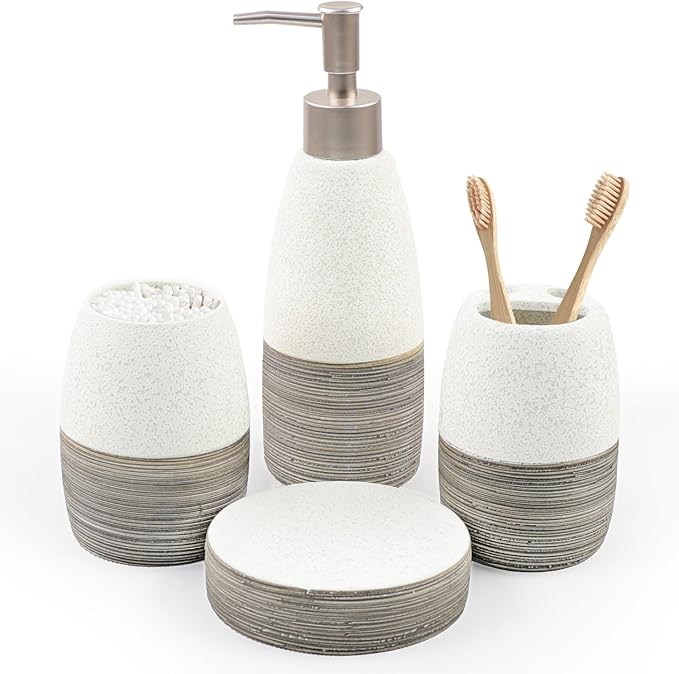 CERBIOR Bathroom Accessories Set,4 PCS Ceramic Bath Accessory,Grey White | Includes Toothbrush Holder, Toothbrush Cup, Soap Dish for Decorative Countertop and Housewarming Gift