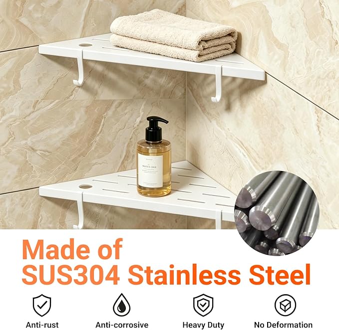 Corner Shower Shelves, 10" white 304 Stainless Steel Recessed Shelf for Bathroom，With silicone soap dish and razor holder，Grout in Shelf with Hooks for Tiled Wall 2 Pack(white)