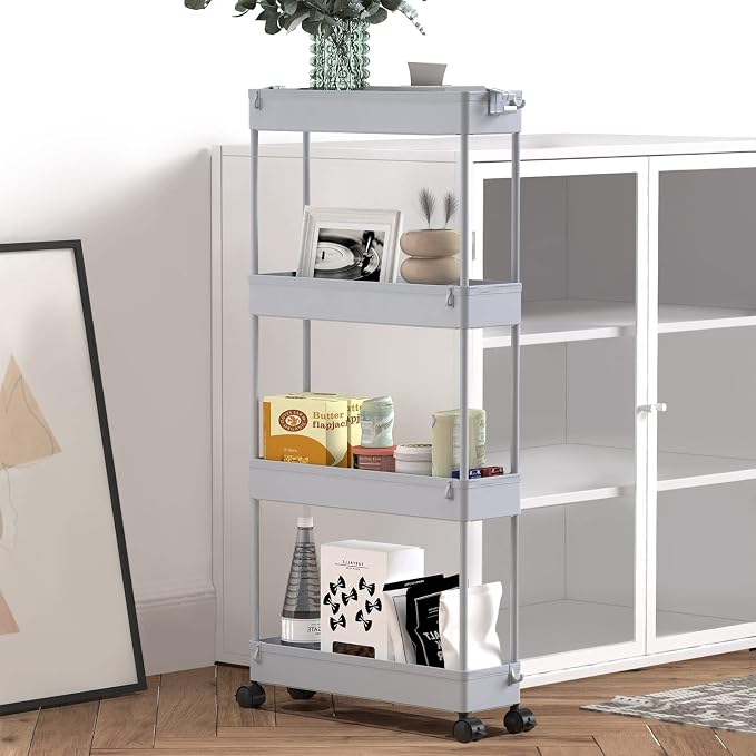 Slim Storage Cart 4 Tier,Bathroom Organizer Rolling Utility,Mobile Shelving Unit Slide Out for Office, Kitchen, Laundry Room & Narrow Places,Gray