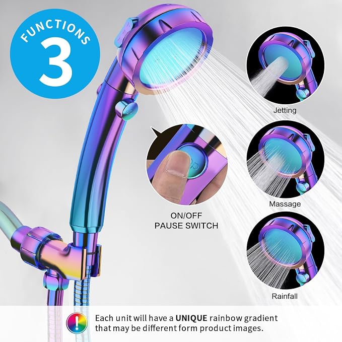 High Pressure Handheld Shower Head with ON/OFF Switch, 3 Spray Modes, Adjustable Angle Bracket, Radiant Rainbow | 3 Spray Modes Shower Wand with Shut Off Button, Camper & RV Showerhead with Hose & Angle Adjustable Holder, Radiant Rainbow
