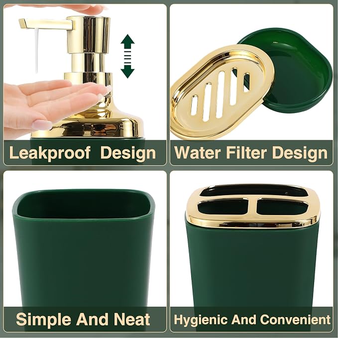 Bathroom Sets with Shower Curtain and Rugs Bathroom Accessories Set Dark Green Bathroom Set,Soap Dispenser & Toilet Brush Holder Set with Stainless Steel Trash Can(23 PCS)
