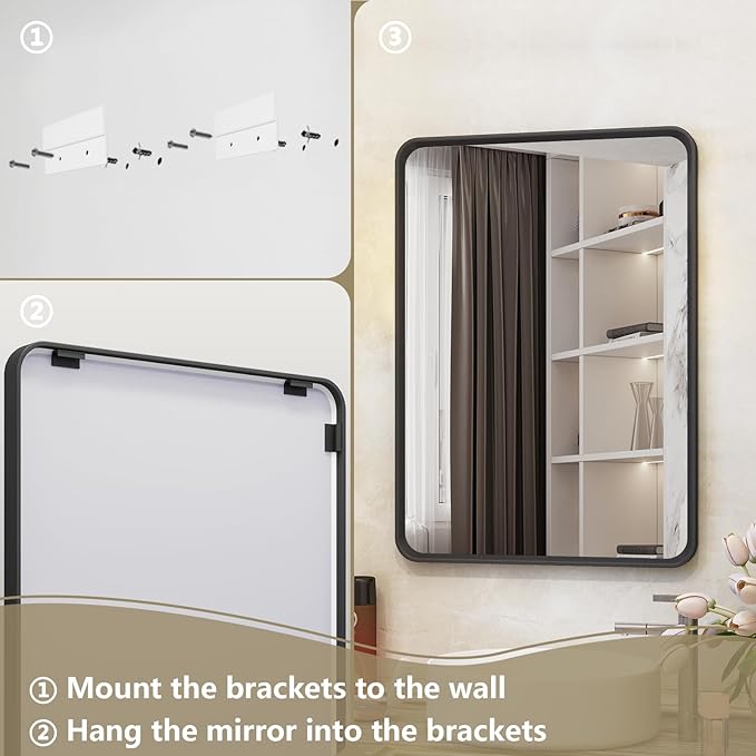 OKPAL 40X36 Inch Black Metal Framed Bathroom Mirror for Wall, Matte Black Bathroom Vanity Mirror, Black Rounded Rectangle Mirror Modern with Rustproof, Tempered Glass (Horizontal/Vertical)