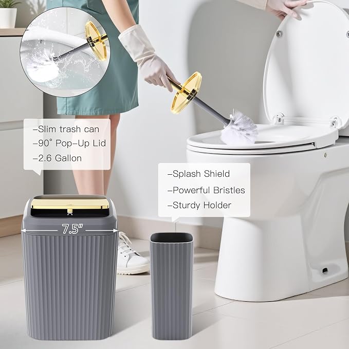 21PCS Bathroom Sets with Shower Curtain and Rugs Bathroom Accessories Set Gray Bathroom Set Complete with Trash Can, Toilet Brush, Qtip Holder & 3PCS Soap Dispenser