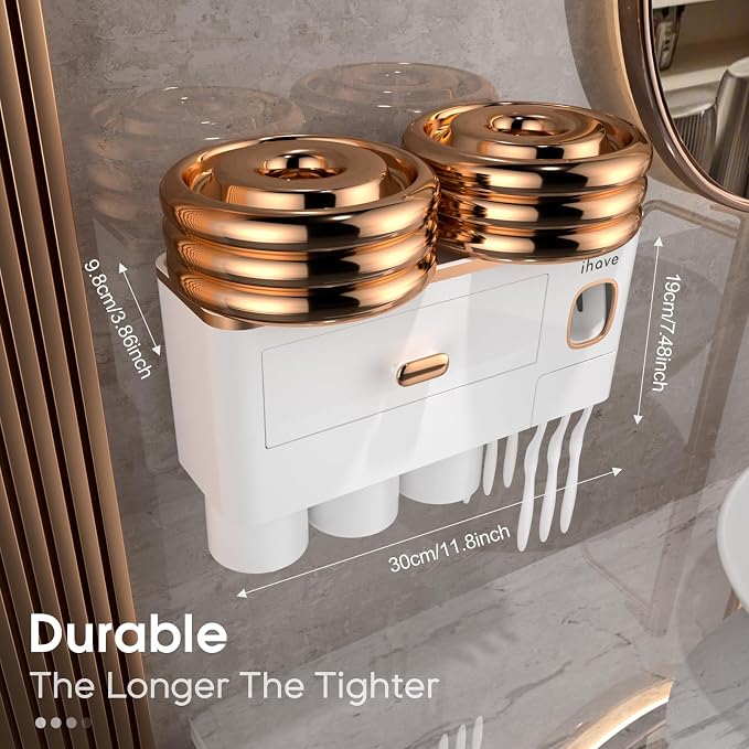iHave Toothbrush Holders Bathrooms Wall Mount Toothpaste Dispenser & 3 Cups | Elegant White & Gold Bathroom Decor: 3 Cups, 6 Slots, Toothpaste Dispenser, Tray & Drawer Wall Mount Toothbrush Organizer