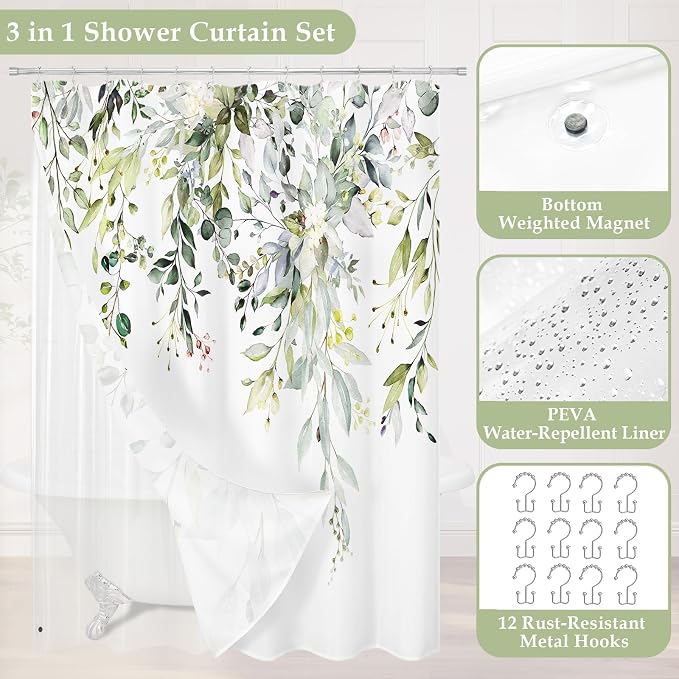 3 in 1 Shower Curtain Set, Sage Green Eucalyptus Curtain 72x84 | Bath Curtain and PEVA Liner Set with 12 Metal Hooks, Waterproof Fabric Bathroom Decor, Machine Washable, Rustproof Grommets