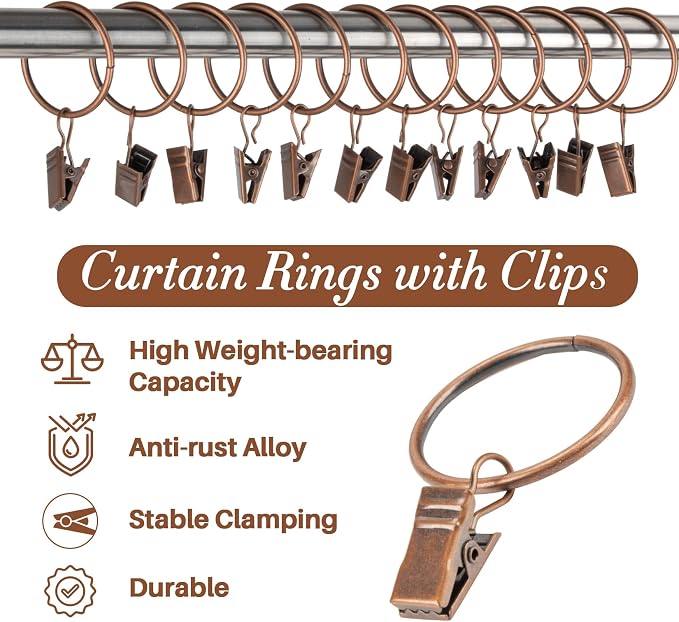 MAQIHAN 40PCS Curtain Rings with Clips - 1.26 Inch Antique Copper Rings | Warm Tone Metal Drapery Clip Rings for Boho Curtains, Macrame Displays, Photos, Crafts, Cafe Panels and Retro Home Decor