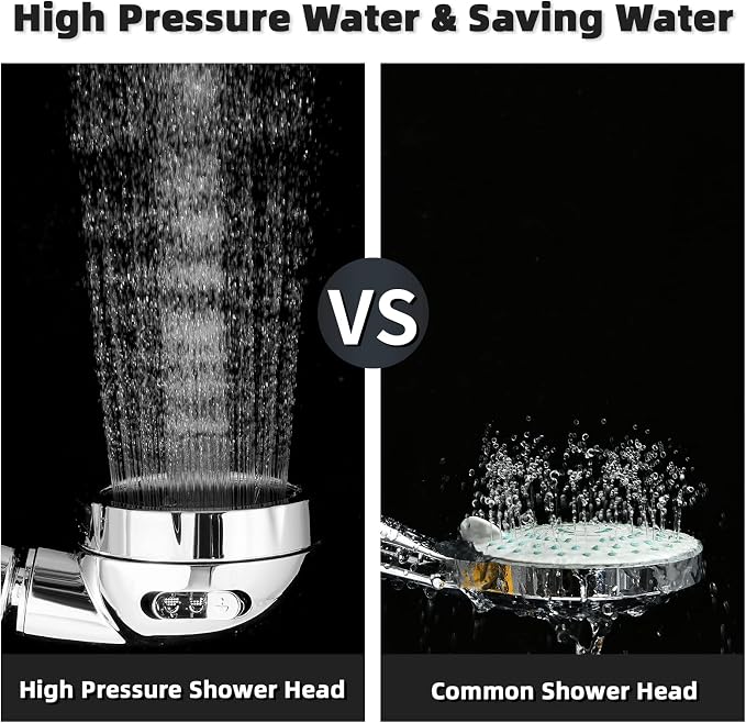 Marbrasse 3-Settings Handheld High Pressure Showerhead with ON/Off Full Shutoff Push Button,Water-saving Camping Shower with Adjustable Angle(Vacuum Suction Shower Head Holder+5 Feet Shower Hose)