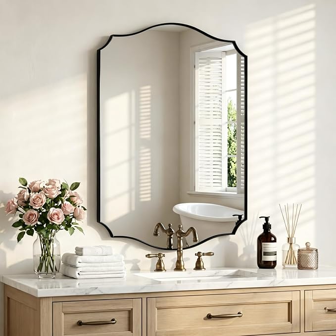 Black Vanity Wall Mirror 36"x24", Scalloped Edge Bathroom Mirror | Rust-Proof Metal Frame, Hangs Vertically/Horizontally, Decorative Bathroom Mirror, For Vanity, Bedroom & Entryway
