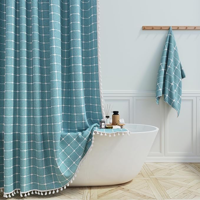 Long Boho Farmhouse Linen Cloth Shower Curtain, 72x84, Turquoise/Teal | Tall Size, 330GSM Linen Blend, 3-side Tassels, Water Repellent Fabric, 12 Plastic Hooks, Rustic Bohemian, Machine Washable