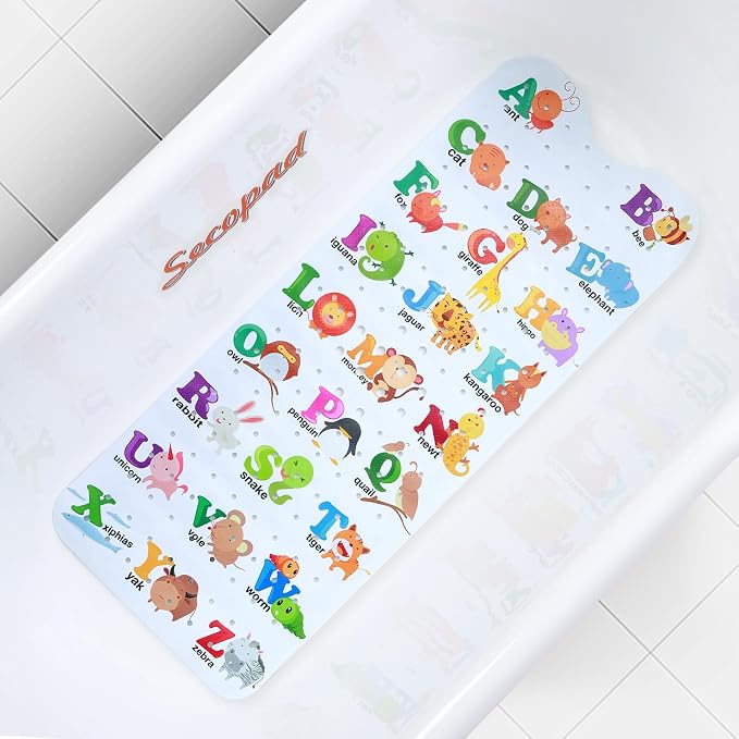 Secopad Bathtub Mat Non Slip, Cute Tub Mat, 40" x 16", Alphabet and Animals | Rectangular, Anti-Slip, Machine Washable, with Drain Holes and Suction Cups,For Bathtub and Shower Floor, for Toddler & Kids