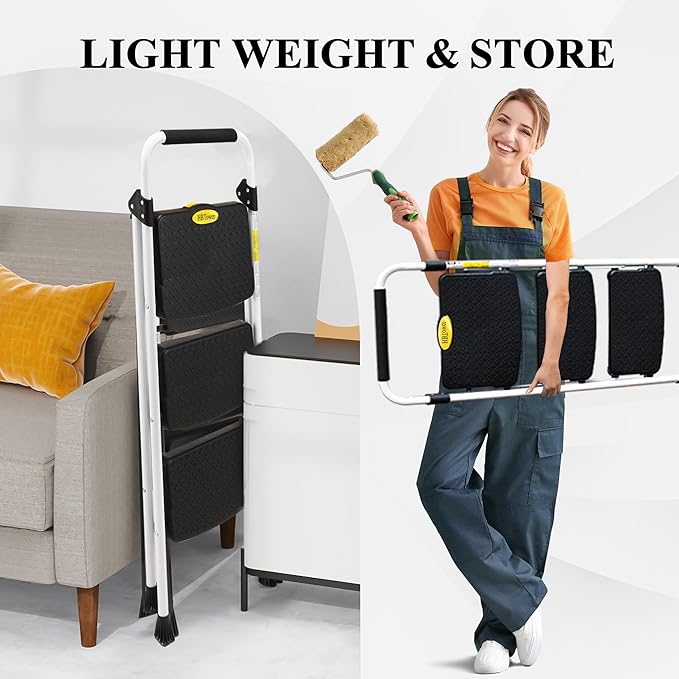 HBTower Step Ladder, Folding Step Stool with Wide Anti-Slip Pedal | Sturdy Steel Ladder, Convenient Handrail, Lightweight, Portable Steel Step Stool
