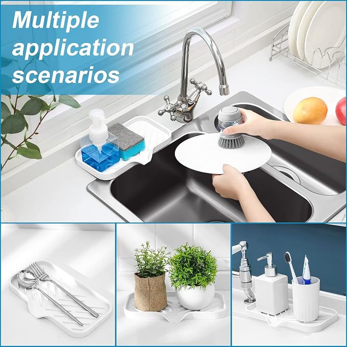 Silicone Kitchen Soap Tray, Sink Tray,White, [Size: 9.5 x 5 inch] | Sponge Holder for Kitchen Counter Soap Bottles and Organizer with Drain Spout