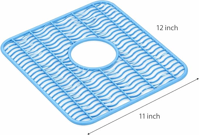 Dependable Industries Inc. Essentials 2 Pack Plastic Sink Protector Mat with Center Drain Cutout Protect Sink and Glasses and Dishes from Scratches and Breaks 12" x 11" (Light Blue)