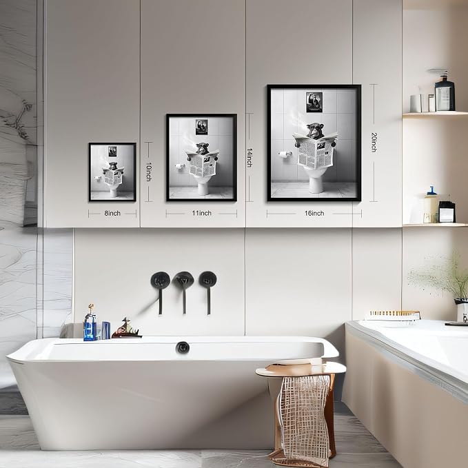 Ardakar Black and White Wall Art, Framed Bathroom Decor Wall Art, Funny Animal Bathroom Wall Decor, Funny Chimpanzee on Toilet (Framed,16''x20'')