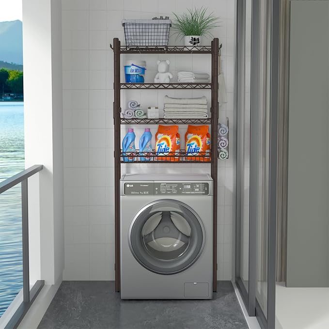 Hodonas Over Toilet Storage Shelf, Espresso, 26.97" x 9.84" x 67.32" | Sturdy Carbon Steel, 4 Tiers, Adjustable, Freestanding, Stable, Easy to Assemble, Over the Toilet for Storage in Bathroom