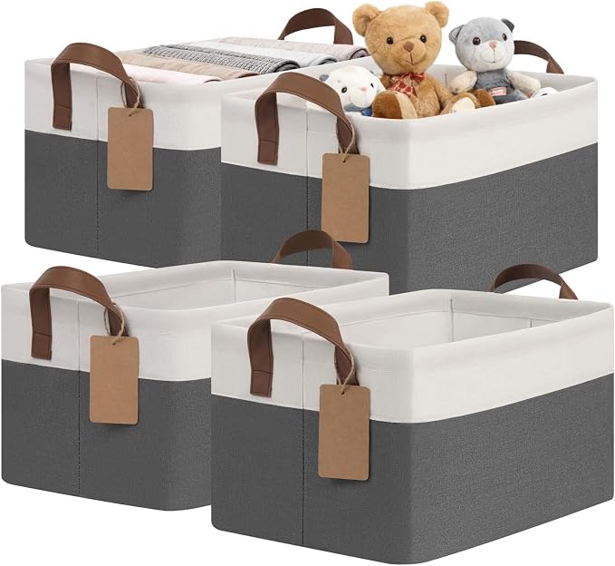 CHICVITA 4 Pack Fabric Storage Bins for Shelves, Gray & White | 14.8 × 10.3 × 8.3 in, Metal Frame, Leather Handles, Nursery & Living Room Organization, Toys, Clothes & Books Storage