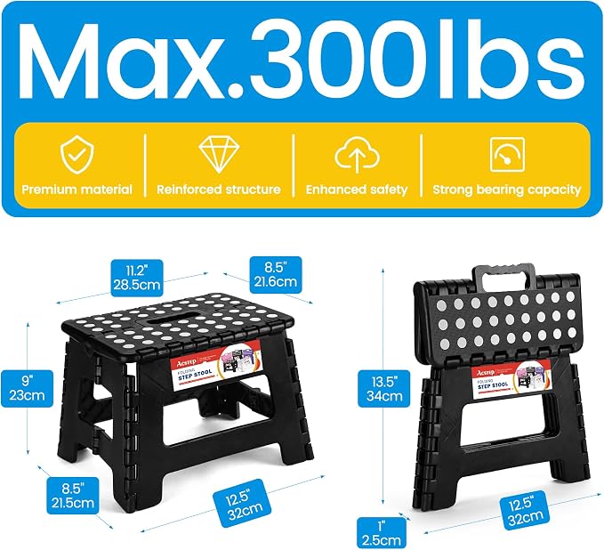 Folding Step Stool 9 Inch, Non-Slip Foldable Stools for Kids, Black | Heavy Duty Collapsible Foot Stool, Lightweight, Holds 300 lb for Toddler/Adults Kitchen Bathroom Bedroom Outdoor, with Handle