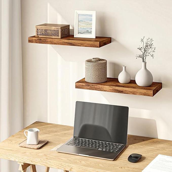 Fixwal Floating Shelves for Wall Decor (Rustic Brown, Set of 2, 15.7 Inch) | MDF Shelves with Metal Brackets, Space Saving for Books, Decor, Works in Bathroom, Kitchen, Living Room, Bedroom
