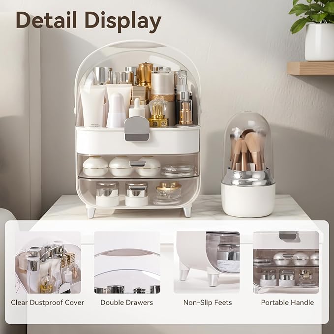 Makeup Organizer for Vanity with Brush Holder, Lid and 2 Drawers, Sliver | Large Capacity Bathroom Counter Organizer for Skincare, Cosmetic Storage, Dustproof, Waterproof, Teen Girl Gifts