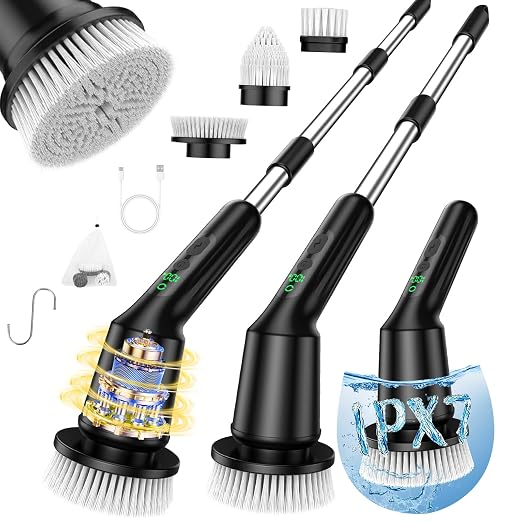 Electric Spin Scrubber for Bathroom, Shower Scrubber with Long Handle | Shower Cleaner Brushes, IPX7 Waterproof & 2 Speed, 3 Brush Heads, 90min Runtime, Bathroom Cleaning Supplies for Toilet Tub