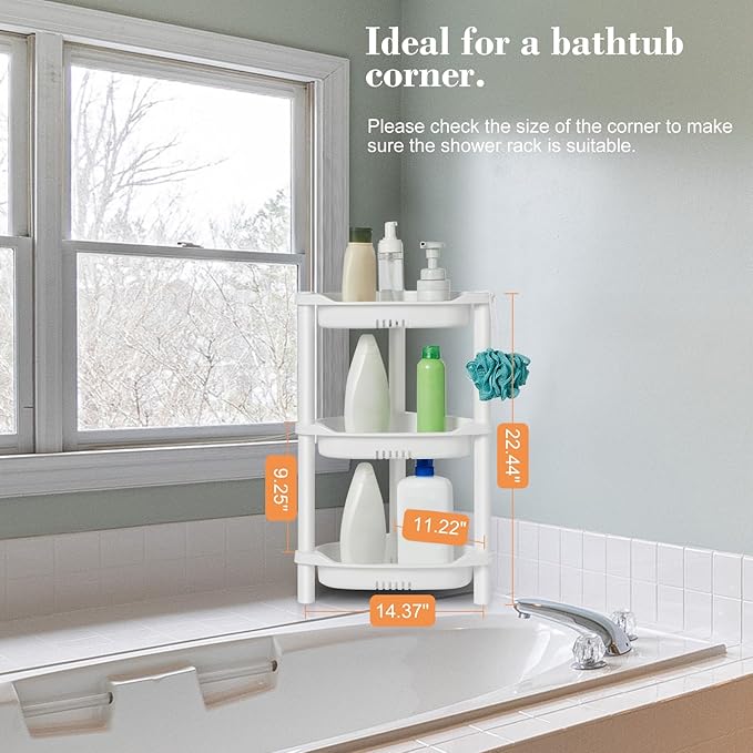 ELYKEN Corner Shower Caddy Standing, 3 Tier Plastic Shower Organizer, White | Rustproof Plastic Shower Shelves with Hook for Storing Bath Essentials in Bathroom corner, Bathtub