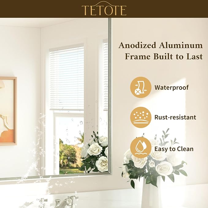 Brushed Nickel Bathroom Mirror for Over Sink 40" x 24" Brushed Nickel Beveled Framed Rectangle Vanity Mirror for Bathroom, Bedroom, Entryway, Living Room, Tempered Glass, Stronger Frame