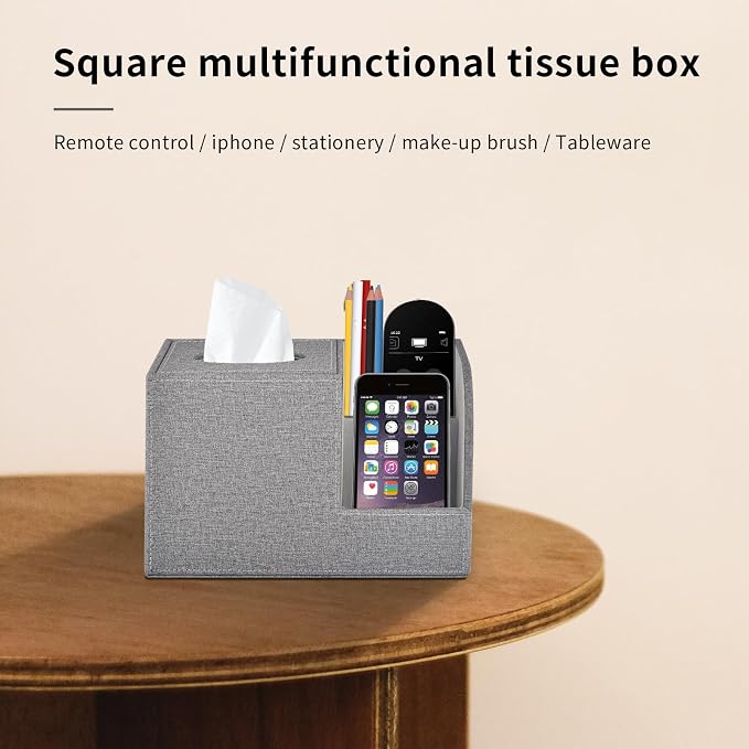 Square Tissue Box Cover Organizer,PU Leather Cube Tissue Box Holder with 2-Compartment Storage Box,Tissue and Remote Control Holder,Decorative Tissue Box Bedroom NightStand Office Tabletop,Grey