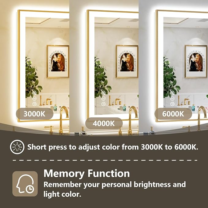 28x36 LED Bathroom Mirror with Lights, Gold Framed Lighted Mirror | Backlit and Front light, Anti-Fog, 3 Color Dimmable, Memory, Tempered Glass, IP54 Waterproof, UL Listed