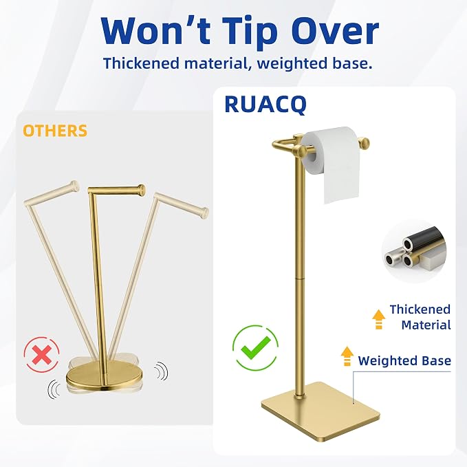 RUACQ Bathroom Toilet Paper Holder Stand, Brushed Gold | Dual-Post Pivoting Free Standing Toilet Roll Holder with Weighted Base, Anti-drop Design 304 Stainless Steel Tissue Stand