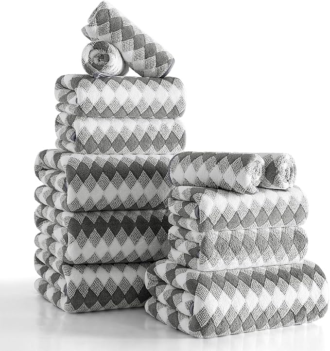 12 Pcs Gray White Diamond Towel Set-4 Bath Towels,4 Hand Towels,4 Washcloths Soft Polyester Towels with Loop Absorbent Shower Towel Quick Dry Beach Chair Towel Family Towels for Bathroom Spa Gym Pool
