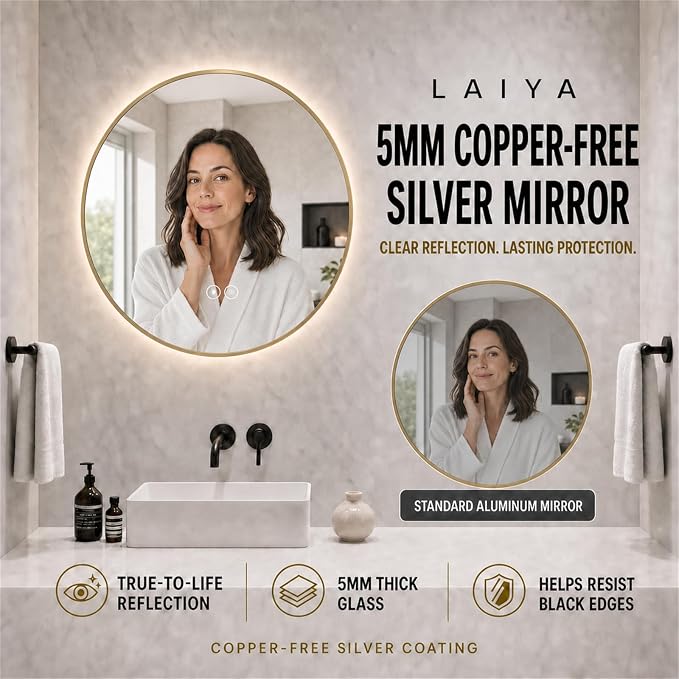 LAIYA 32 Inch Gold Round LED Bathroom Mirror, Anti Fog, Dimmable, 3 Colors | backlit lighted vanity wall mounted makeup mirror defogger touch switch brass frame IP65 CRI95 copper free silver glass hotel