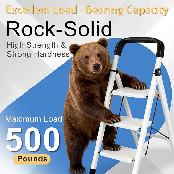 3 Step Ladder Folding Step Stool with Handrail | 500LBS Capacity Sturdy Carbon Steel Frame Anti-Slip Pedal & Feet Portable for Home Kitchen Garage Bathroom (white-3step)