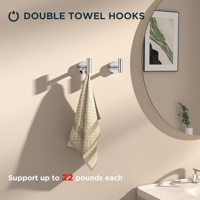 FORIOUS Bathroom Accessories Set, 4-Piece Bathroom Hardware Set | Chrome | SUS304 Stainless Steel Towel Ring, 2 Towel Hooks, and Toilet Paper Holder Wall Mounted
