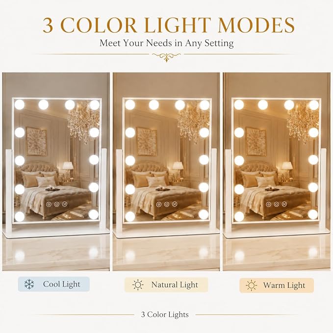 FENNIO Lighted Vanity Mirror, 13" x 16", 12 LED Bulbs, White | Vertical 12-light makeup mirror with 360° rotation, compact size, and a clean white vanity look.