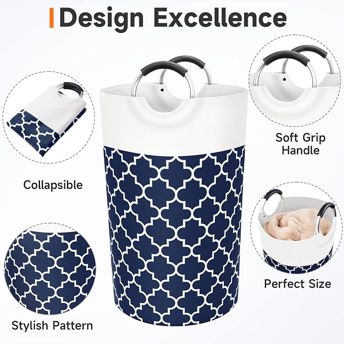 Large Laundry Basket 82L Tall Collapsible Hamper with Handles for Dorm Blue | Freestanding Laundry Hamper, Waterproof Dirty Clothes Storage Bag for College, Bathroom, Foldable Washing Bin for Travel