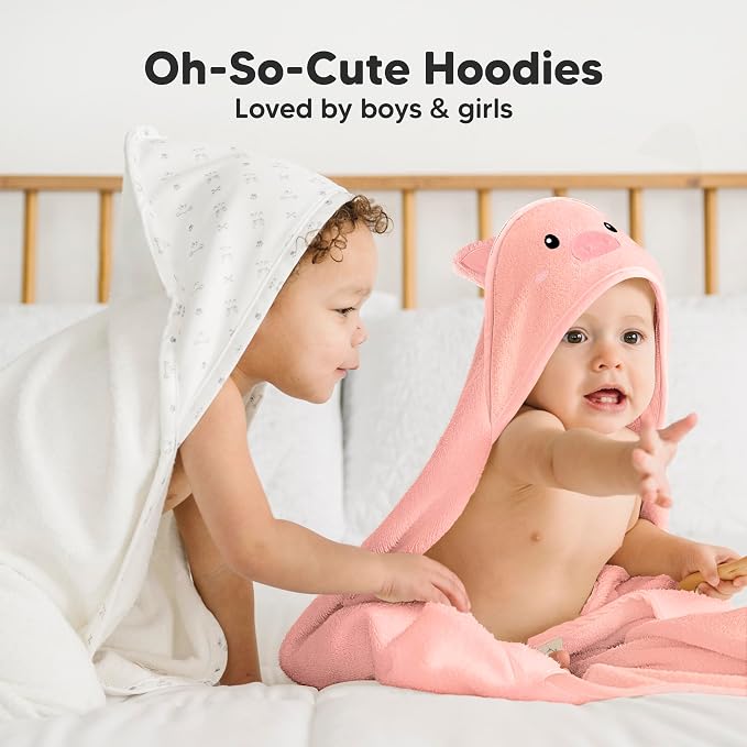 KeaBabies Hooded Baby Towel for Newborn, Baby Bath Towels (Piglet, 35x35) | Viscose Derived from Bamboo, Large Baby Towels with Hood, Boys, Girls, Toddler, Soft Absorbent Baby Bath Essentials