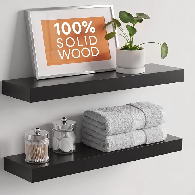 Black Floating Shelves 24 inch, High End Solid Real Wood 24inch Bathroom Floating Shelf for Wall Mounted, Black Wooden 24in Floating Shelves, Heavy Duty Bracket, 24 X 6.5 X 1.75 in, Set of 4